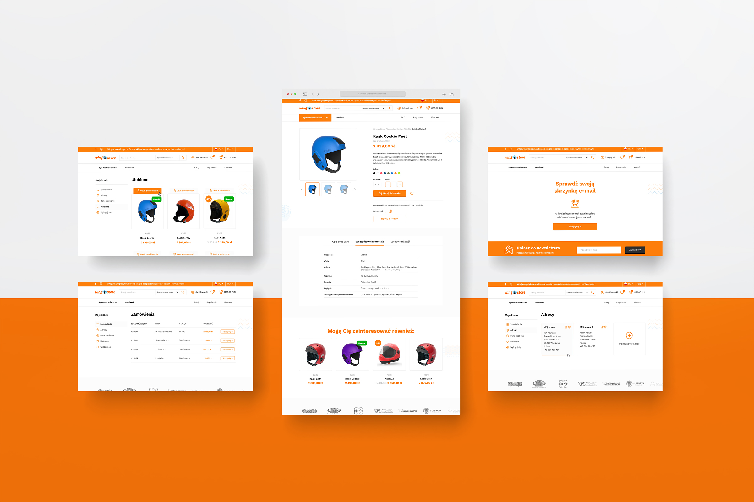 Wingstore helmet product and category pages on an orange background