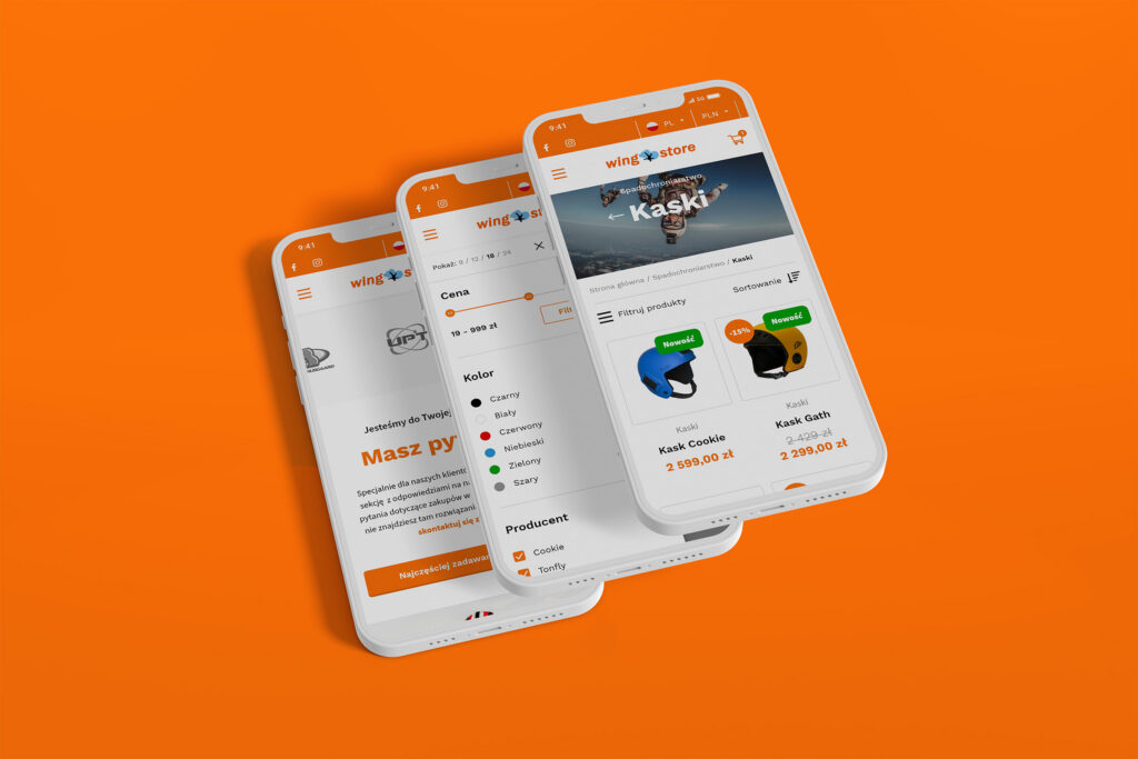 Wingstore helmet pages on three smartphones on orange