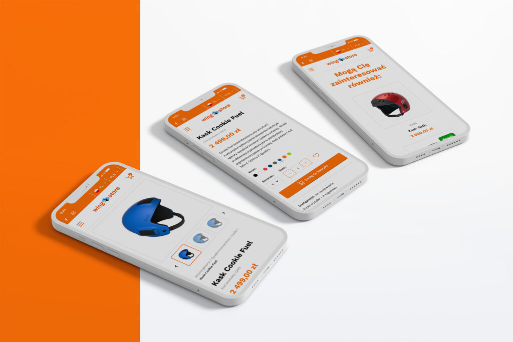 Wingstore helmet product pages on three smartphones