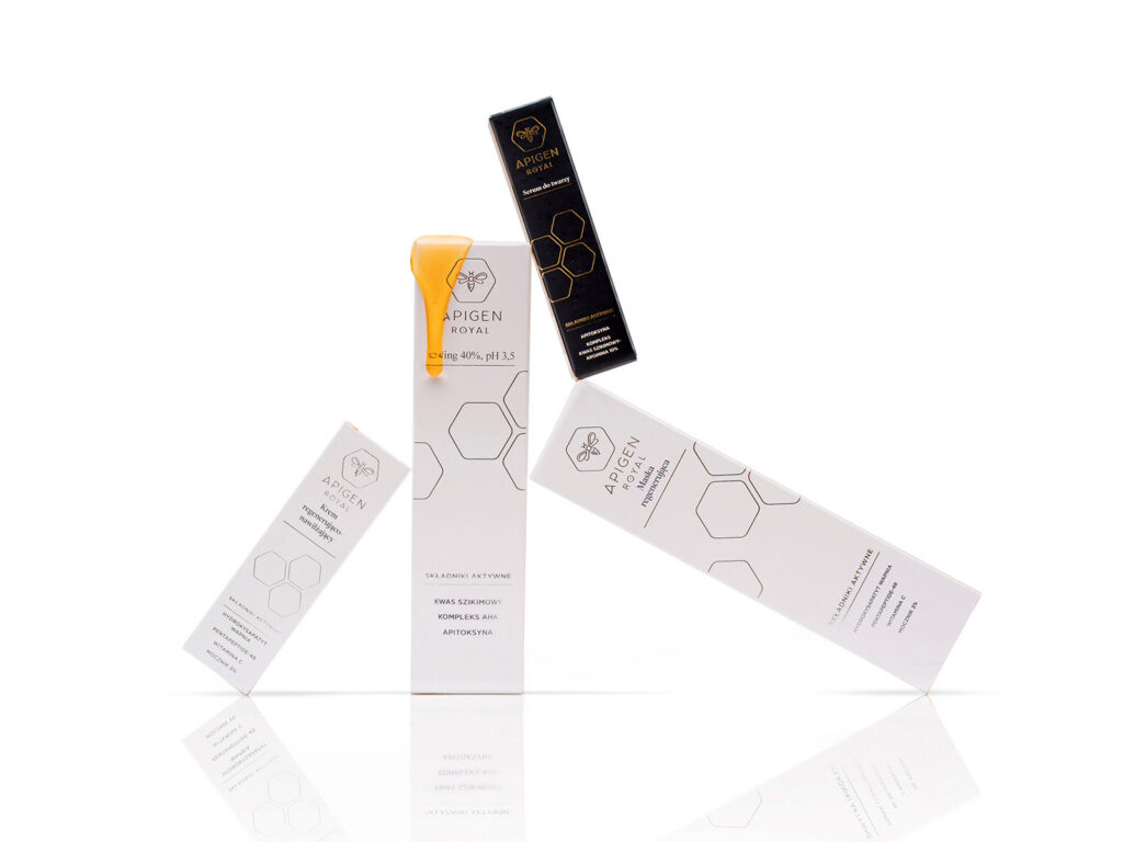 Apigen Royal cosmetic boxes and a tube with dripping honey