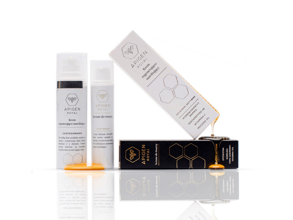 Apigen Royal products in white and black packaging with dripping honey