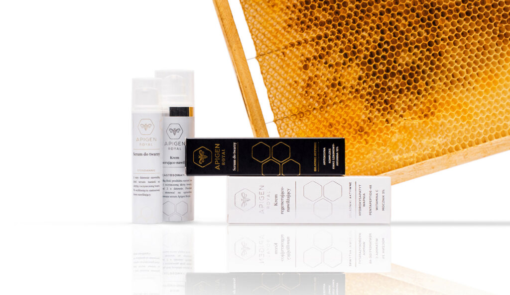 Apigen Royal products in front of a honeycomb frame