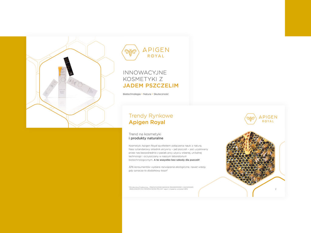 Apigen Royal presentation slides about bee venom cosmetics, in Polish