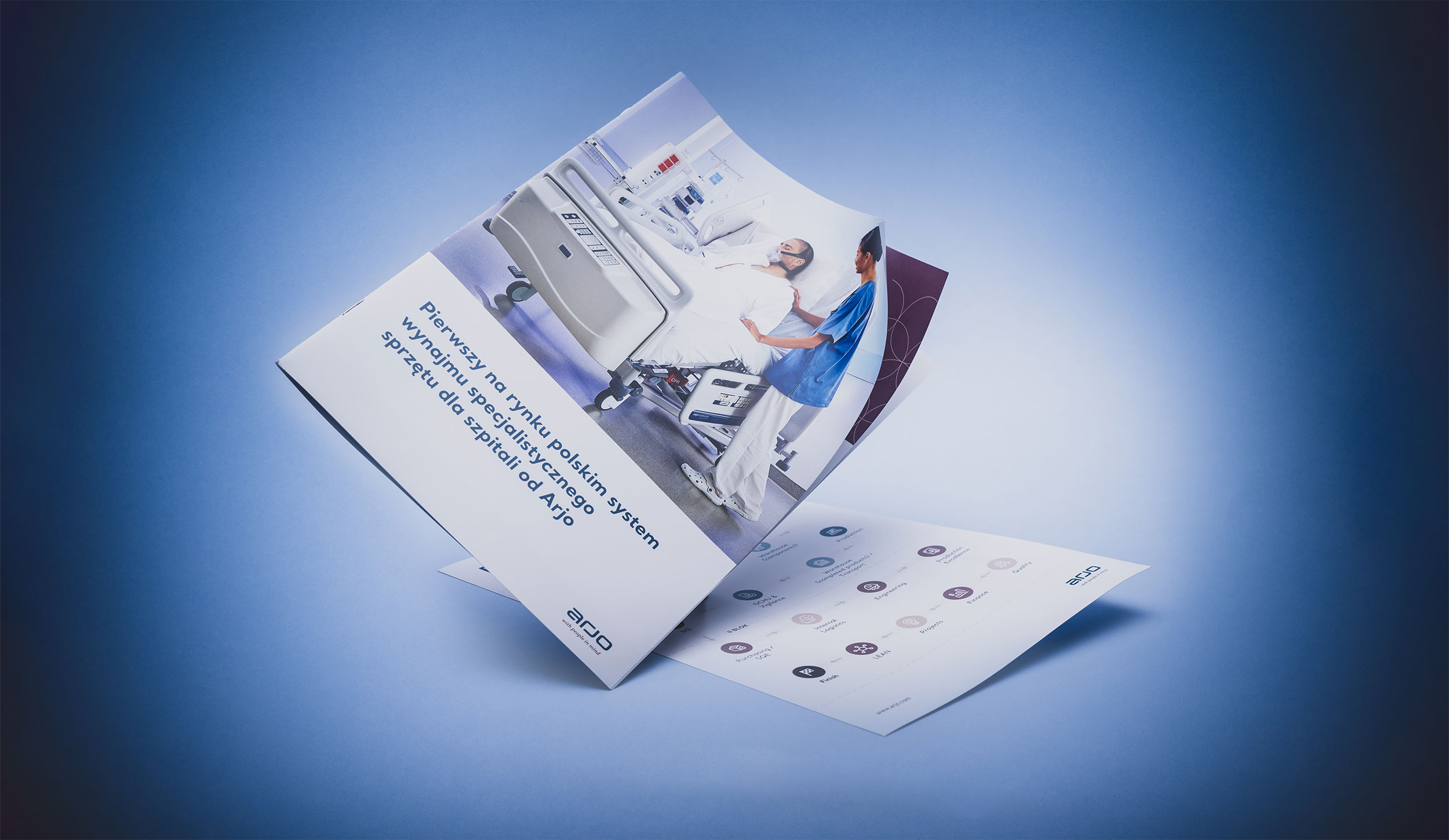 Arjo leaflet on a blue background