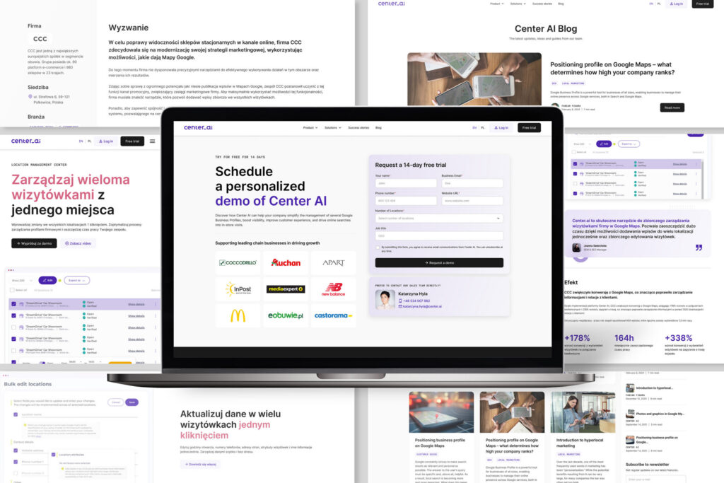 Center AI demo booking page on a laptop, surrounded by blog and landing pages