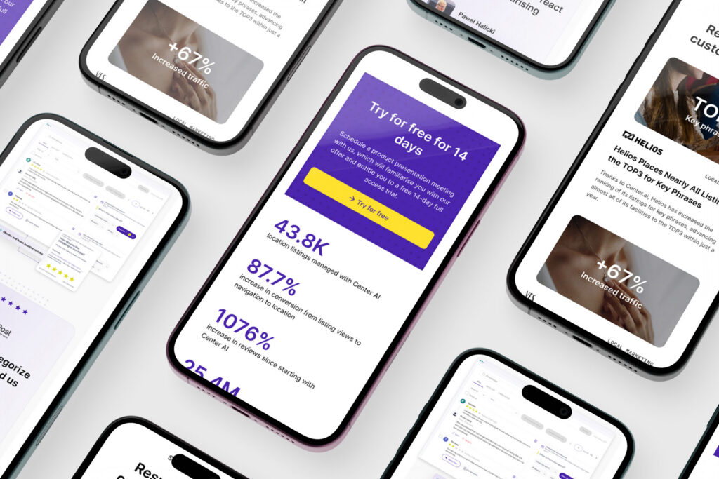 Center AI mobile pages with a free trial offer and results figures
