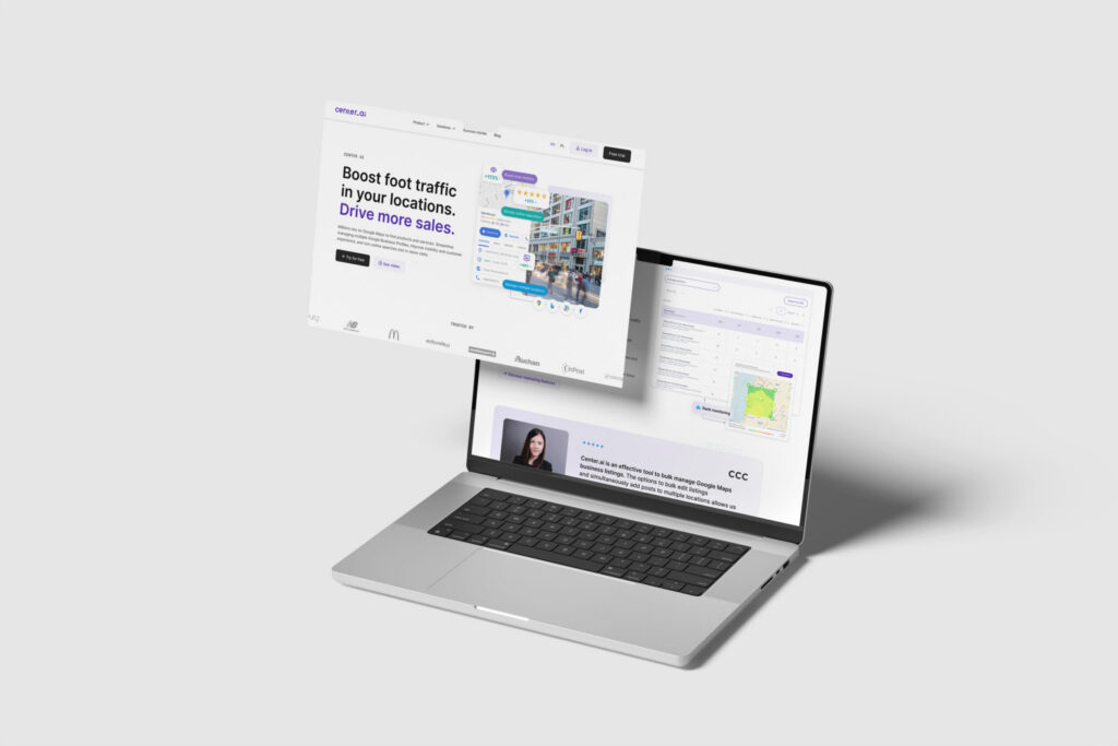 Center AI website on a laptop with pages floating above it