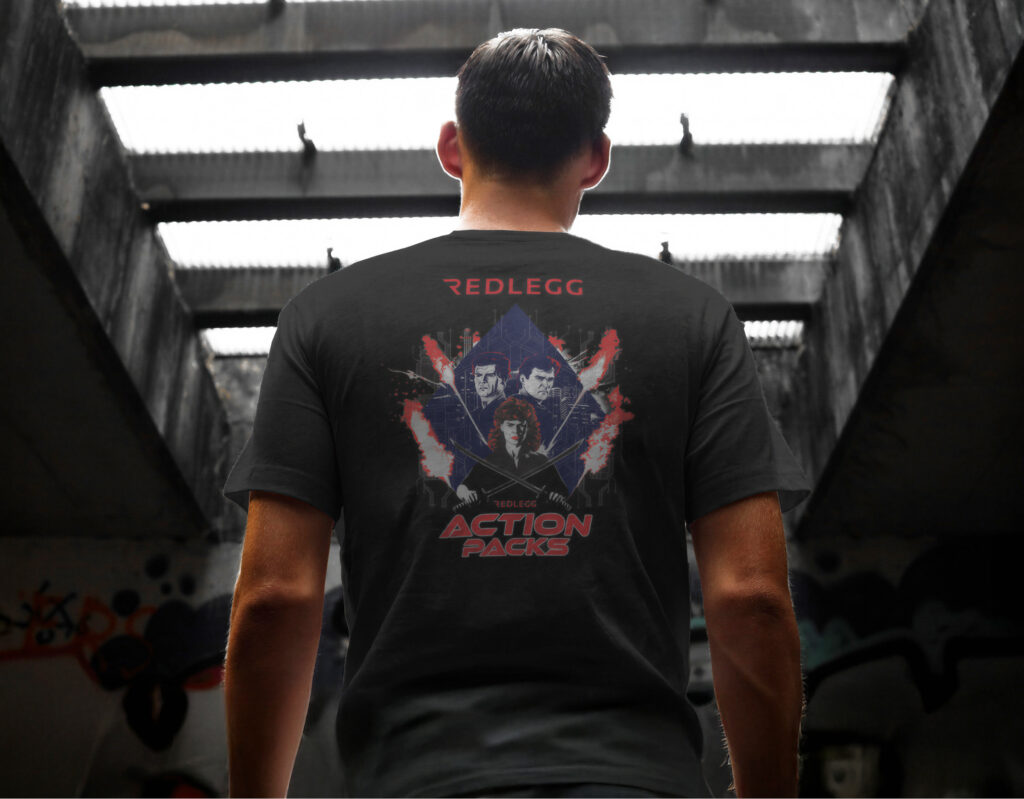 Man seen from behind in a black RedLegg T-shirt with an "Action Packed" print