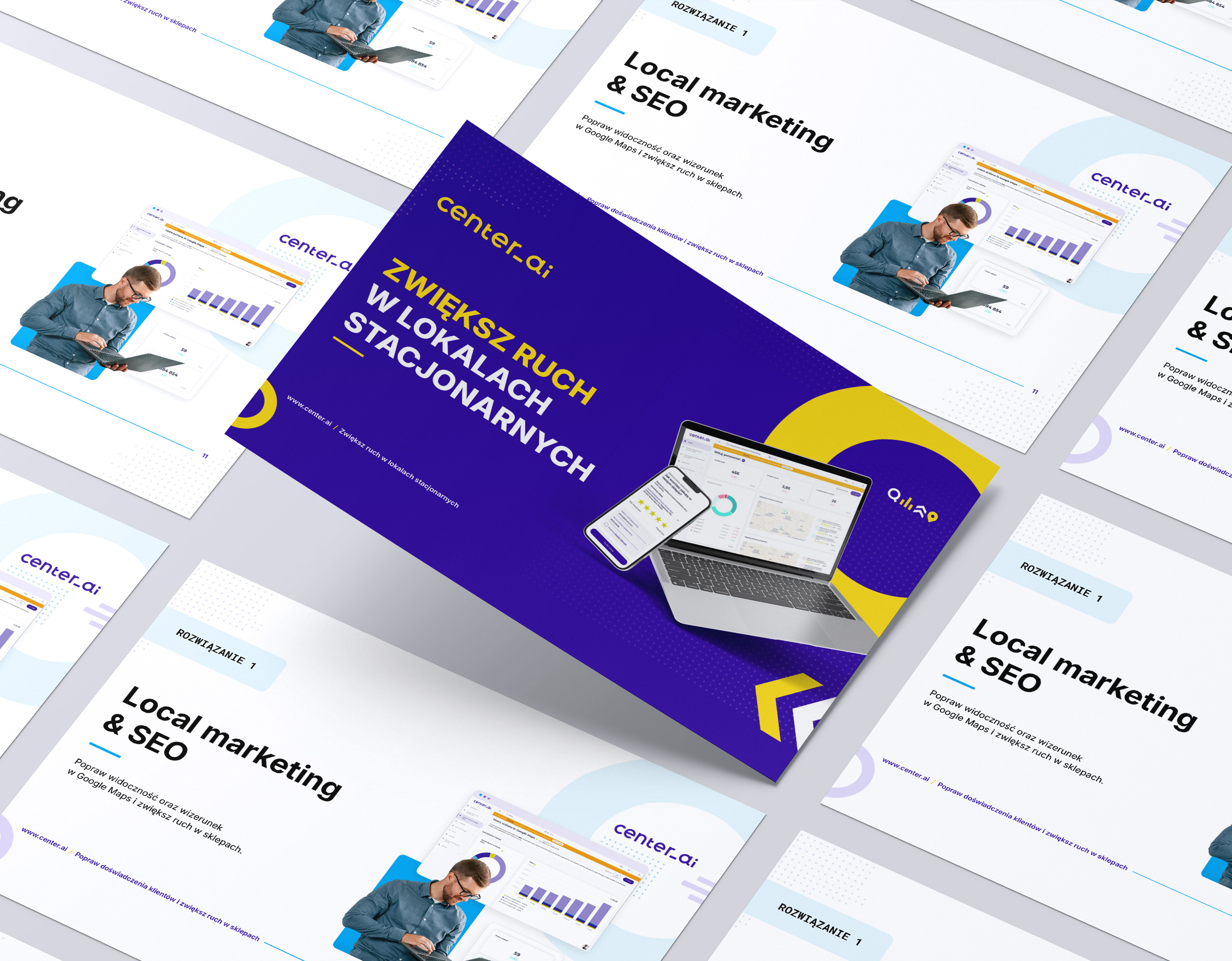 Center AI local marketing presentation slides in purple and white