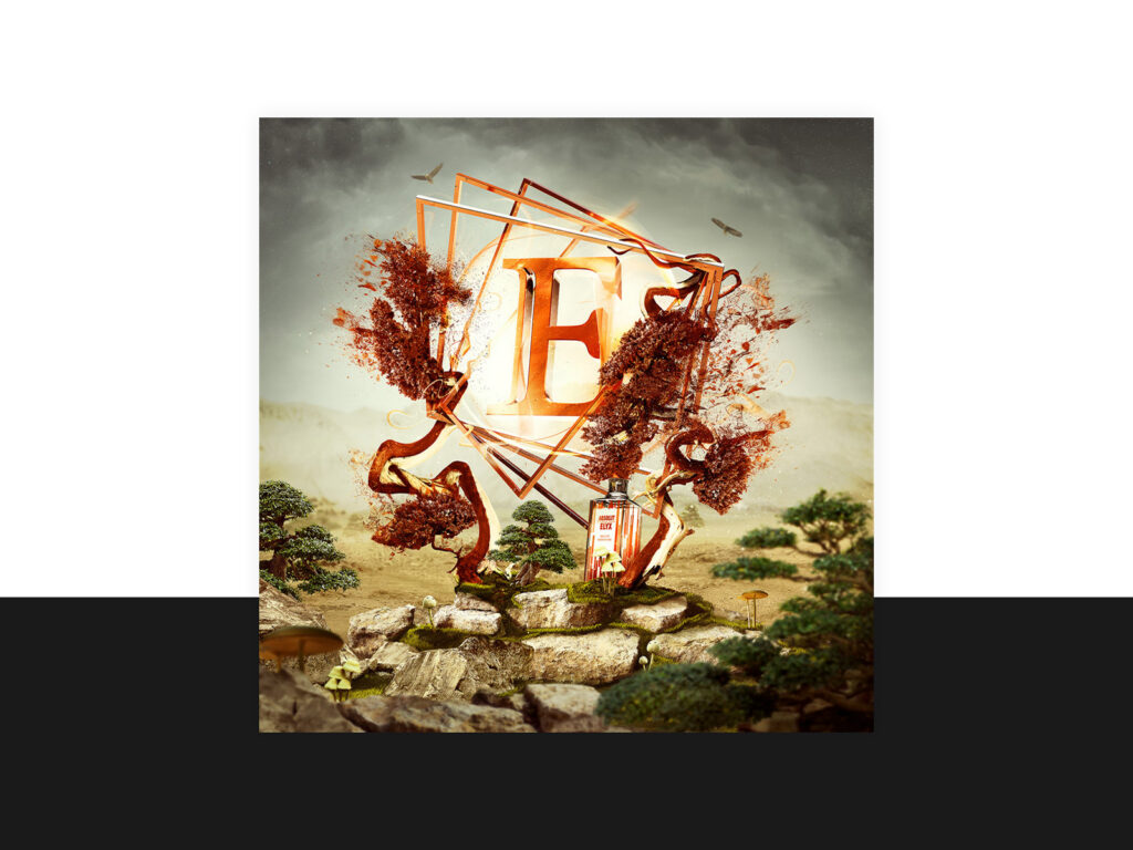 Illustrated Eliksir "E" monogram among stylised trees