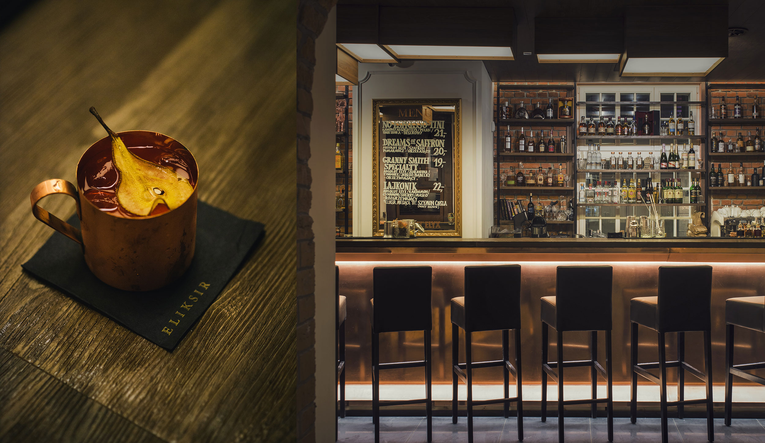 Cocktail in a copper mug and the Eliksir bar counter, two photos side by side