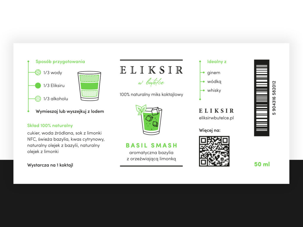 Eliksir w butelce Basil Smash label with preparation instructions