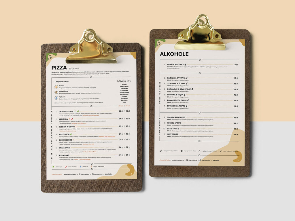 Ukryta Olivka pizza and drinks menus on clipboards