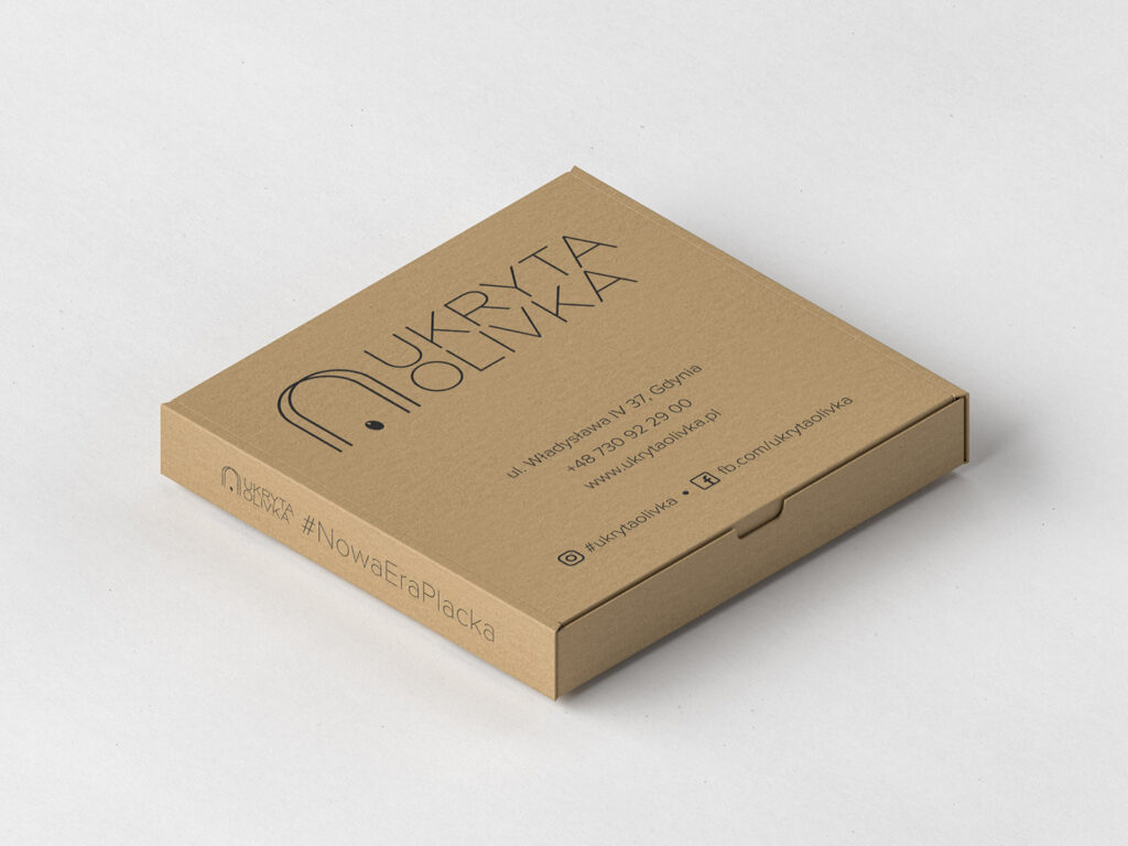 Kraft pizza box with the Ukryta Olivka logo