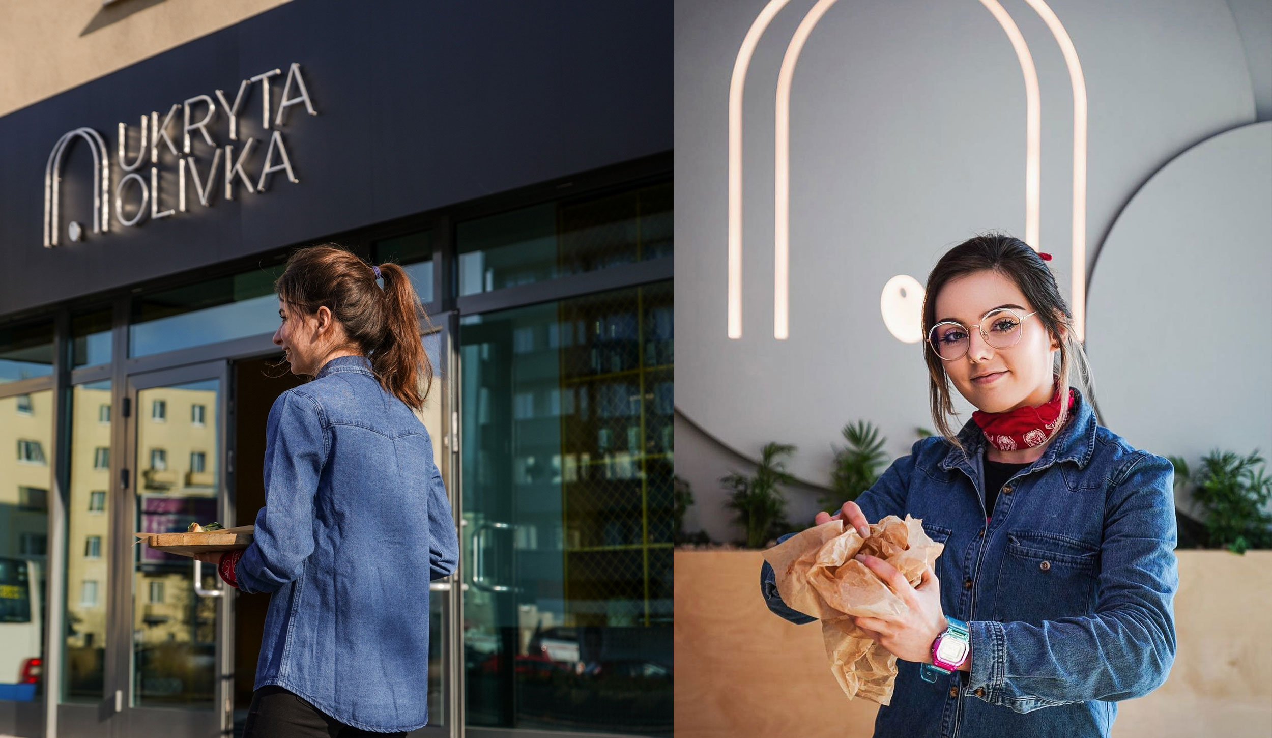 Ukryta Olivka shop front and a staff member holding a pizza box
