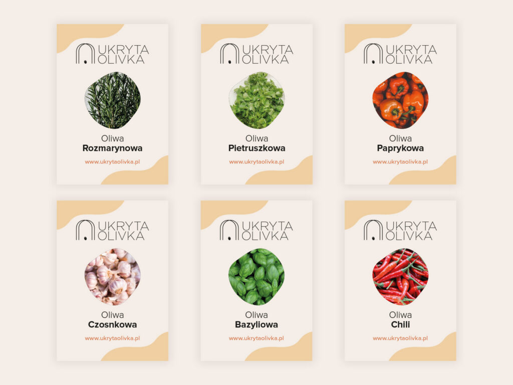Ukryta Olivka labels for flavoured olive oils