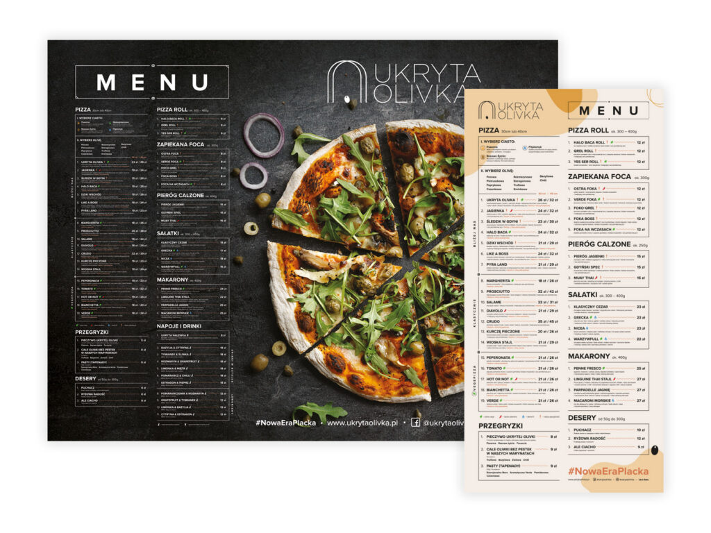 Ukryta Olivka black menu with a pizza and a printed takeaway menu