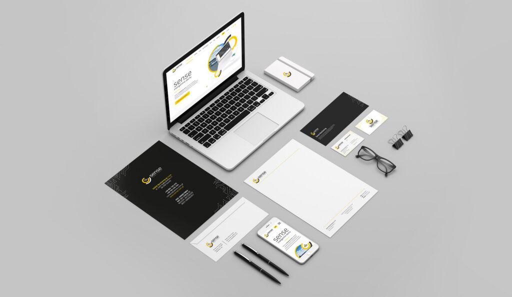 Sense stationery set: laptop, business cards, letterhead and folder