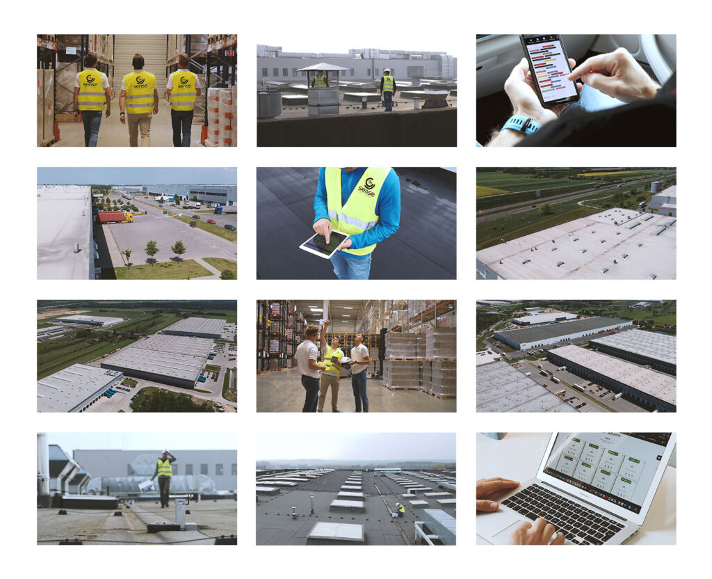 Photo grid of Sense installers at work on flat roofs