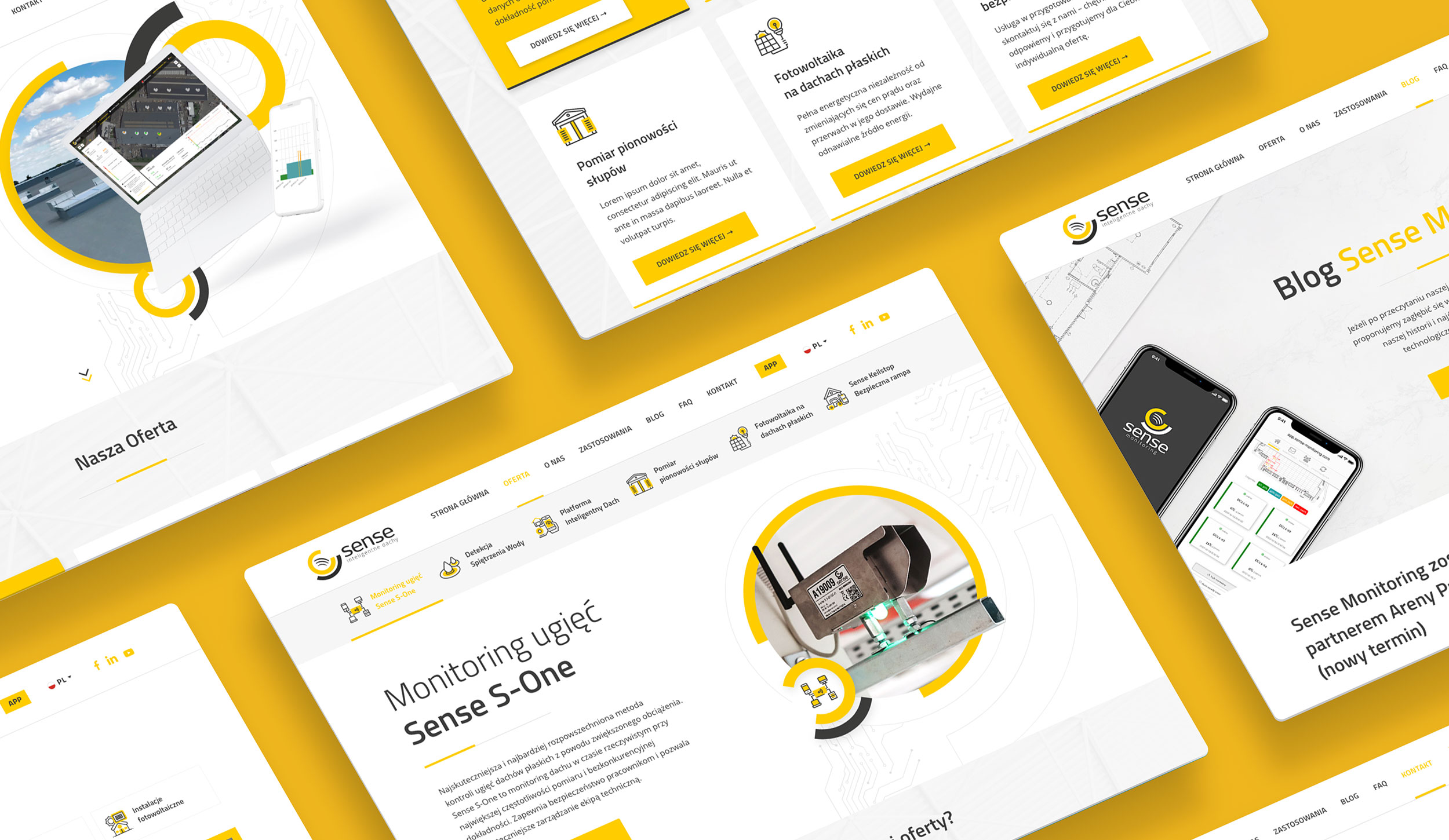 Sense website pages on yellow, with the Sense S-One monitoring page