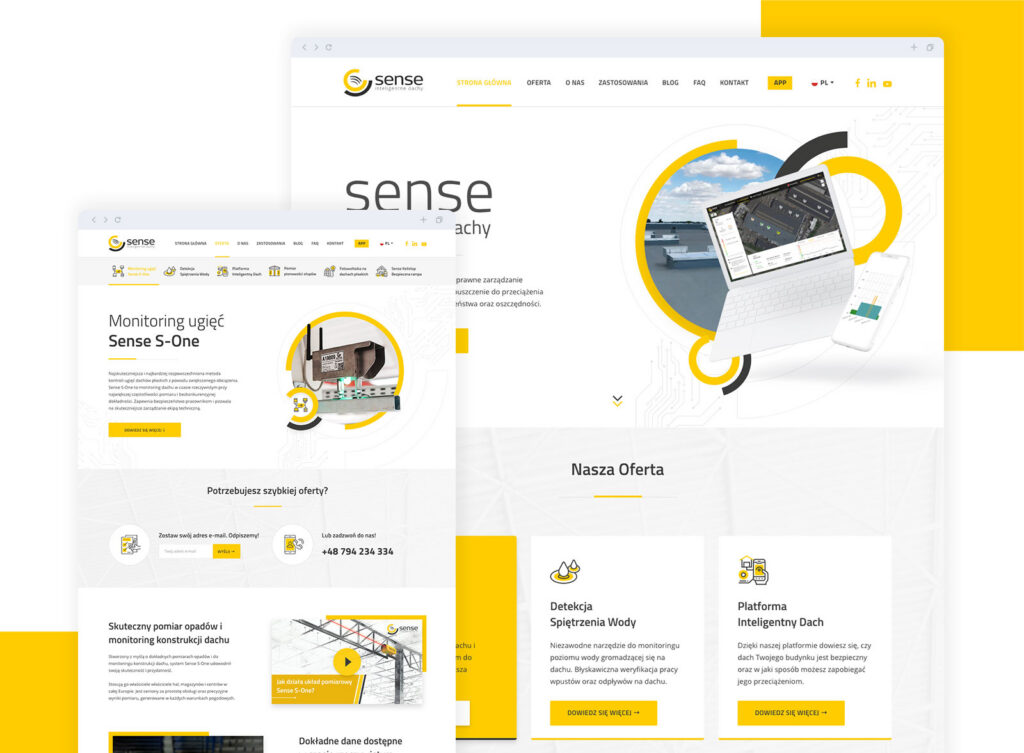 Sense Smart Roofs website home page and Sense S-One product page
