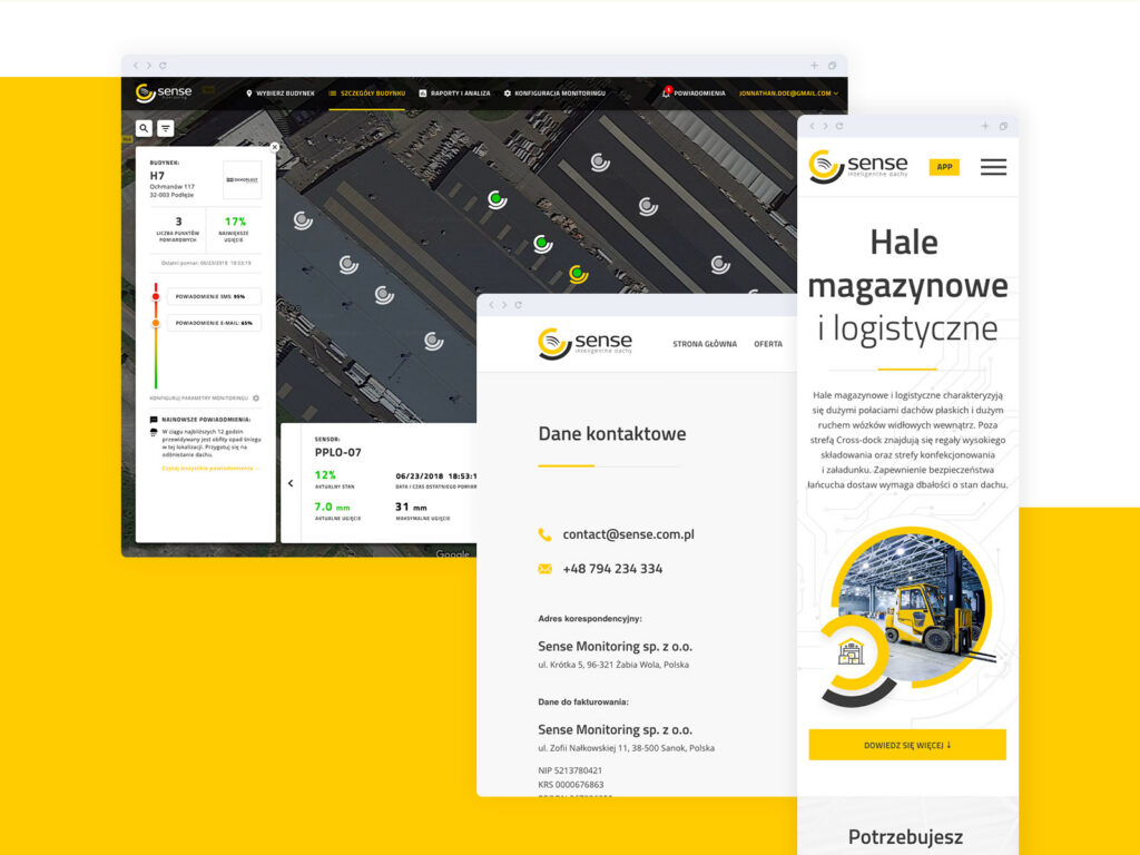 Sense roof monitoring dashboard with an aerial roof map, next to mobile contact and warehouse pages