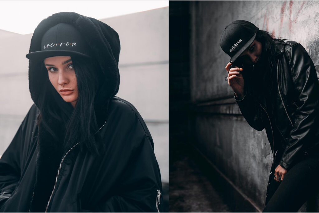 Woman in a black hoodie and a Holy Blvk cap, two photos side by side