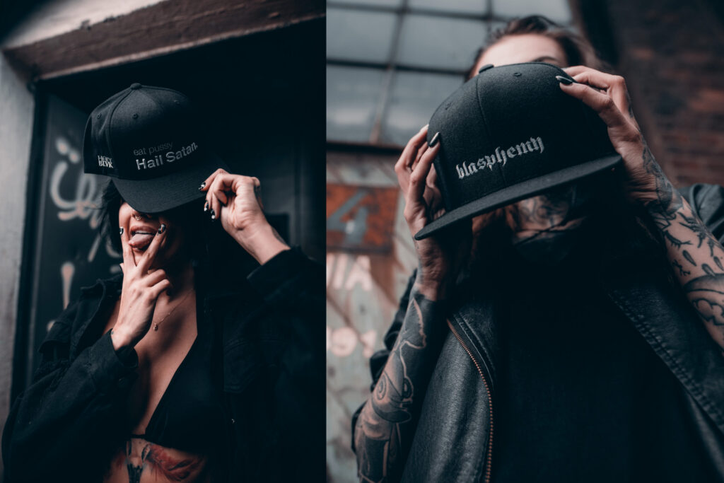 Two people in Holy Blvk caps covering their faces, two photos side by side