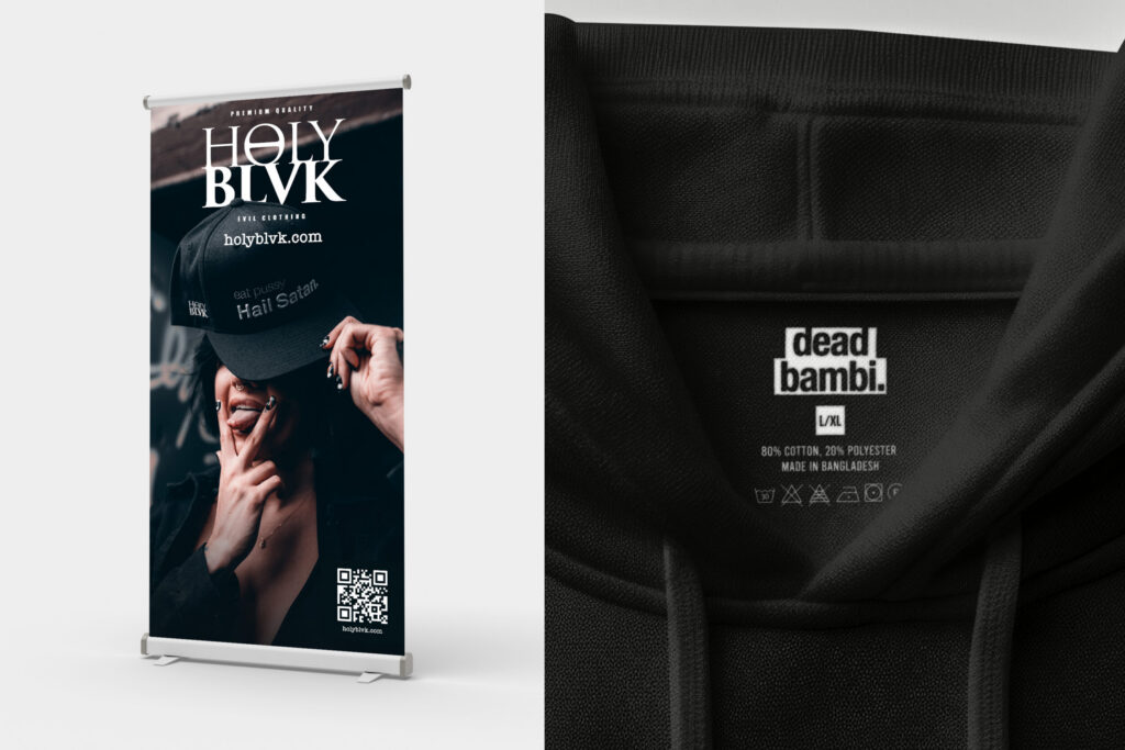 Holy Blvk roll-up banner and a hoodie label with a Dead Bambi tag