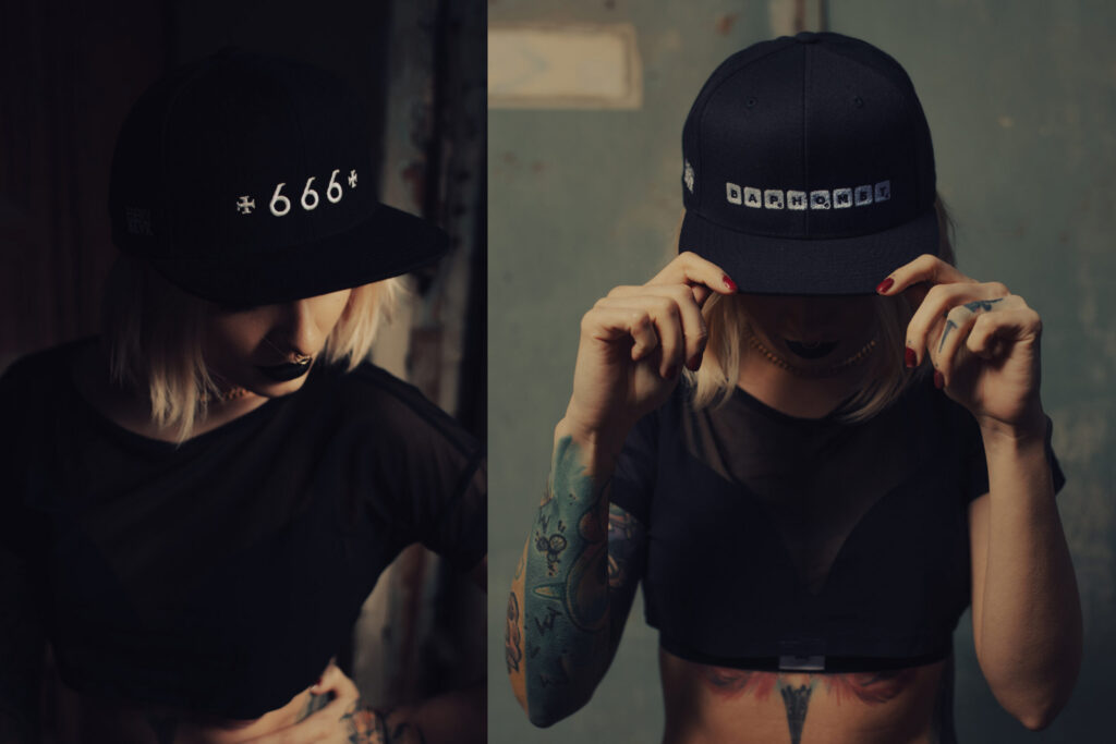 Women in black Holy Blvk caps, two photos side by side