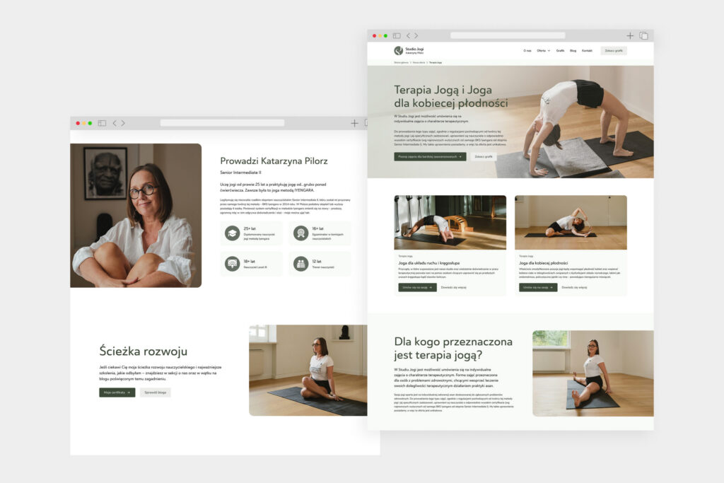 Katarzyna Pilorz Yoga Studio website pages with the teacher's portrait and yoga therapy offer