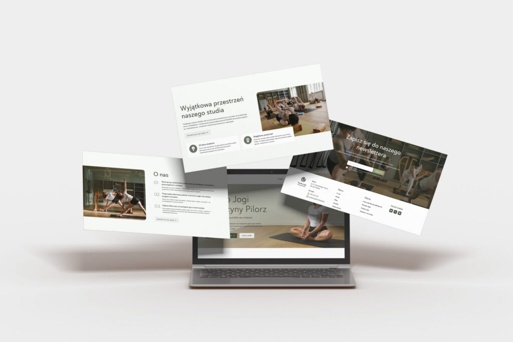 Yoga studio web pages floating above a laptop
