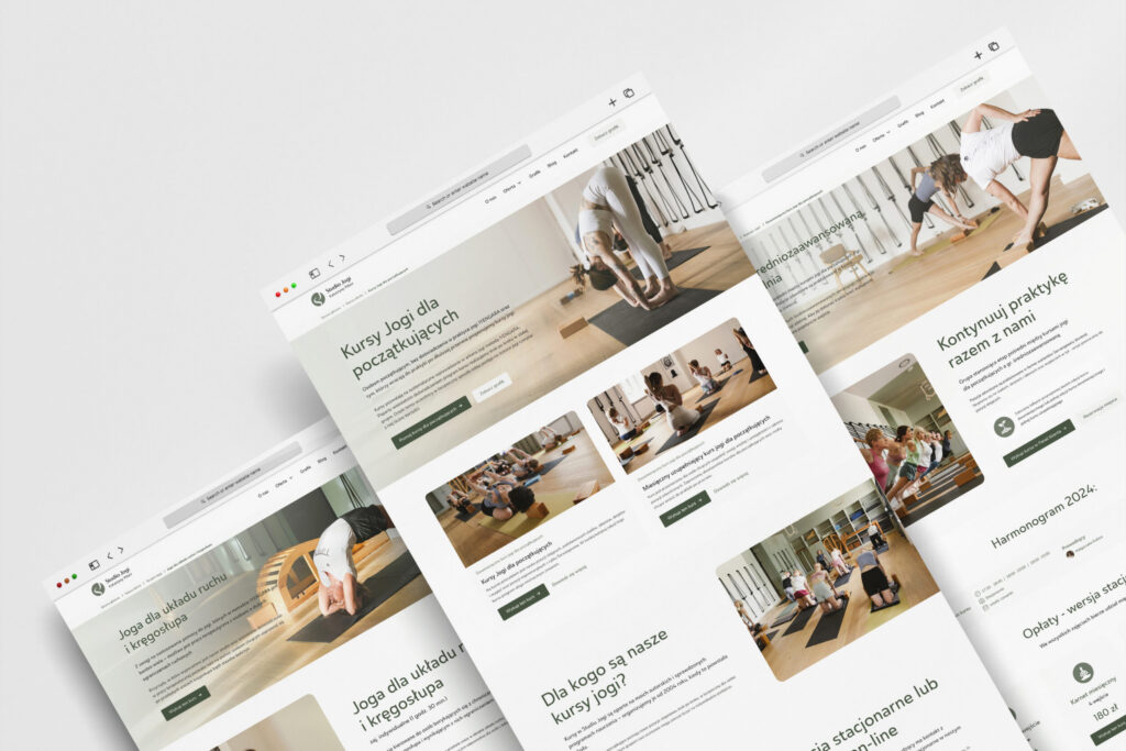 Yoga studio website pages with class photos, laid out in perspective