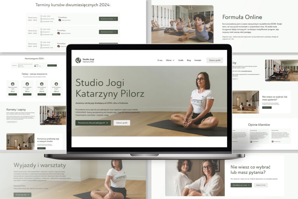 Katarzyna Pilorz Yoga Studio home page on a laptop, surrounded by other pages
