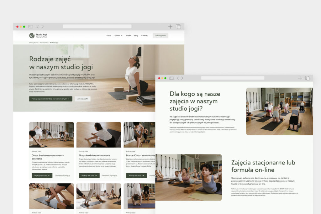 Yoga studio pages about class types and online classes