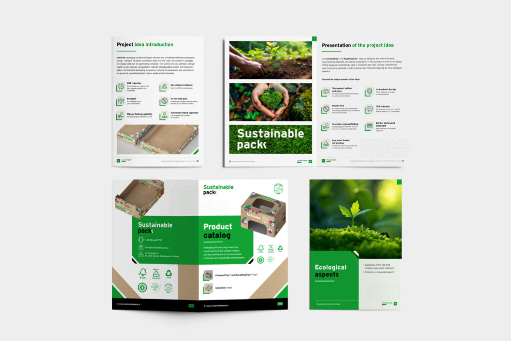 Sustainable Pack presentation pages with cardboard packaging and greenery