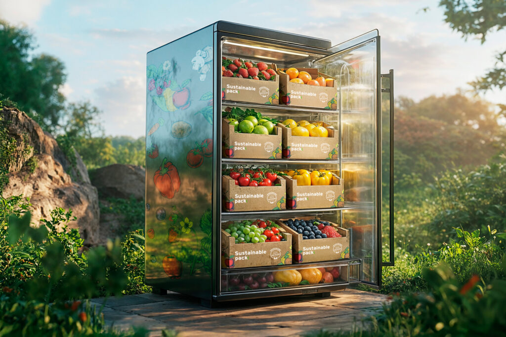 Glass display fridge full of fruit and vegetables in cardboard trays, standing outdoors