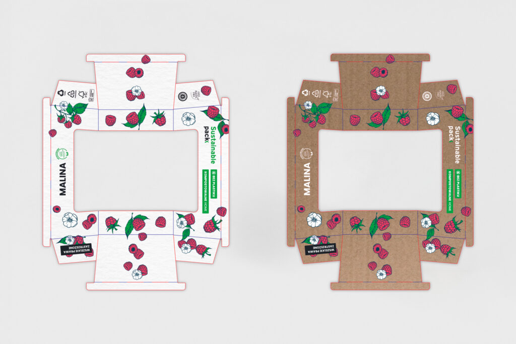Flat die-cut templates of the raspberry punnet, plain and printed