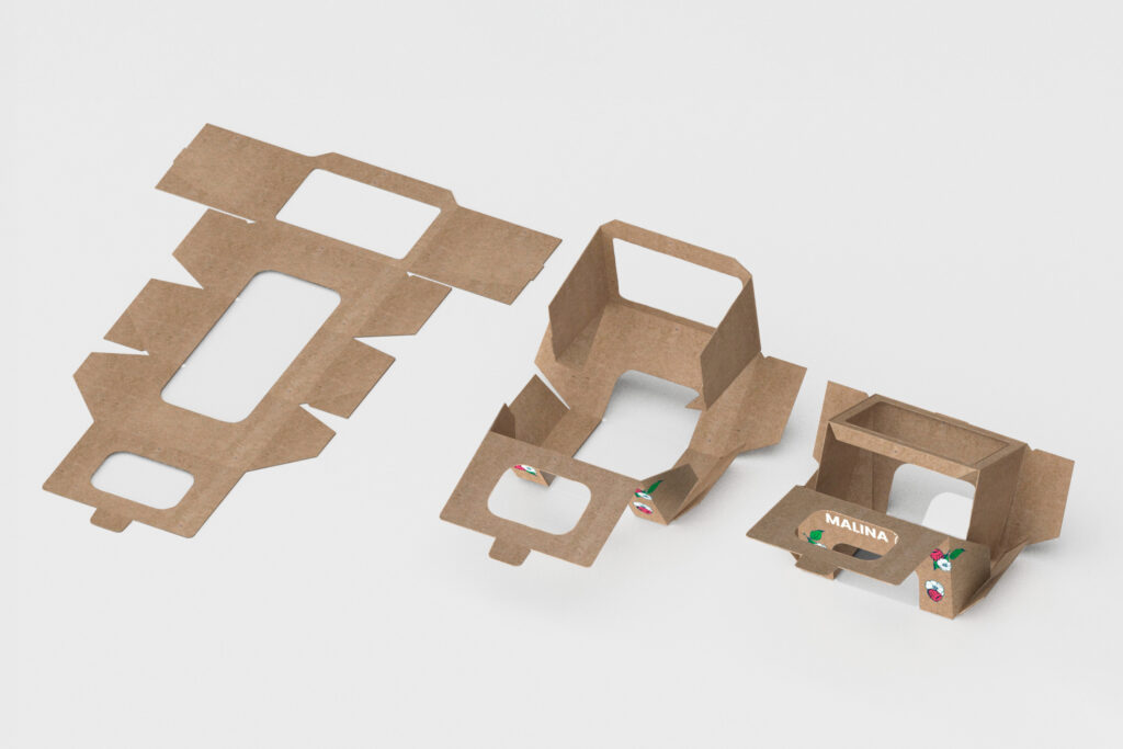 Cardboard punnet shown flat, half-folded and assembled