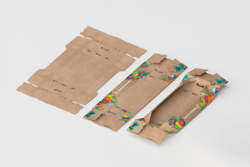 Cardboard tray shown flat, partly folded and assembled