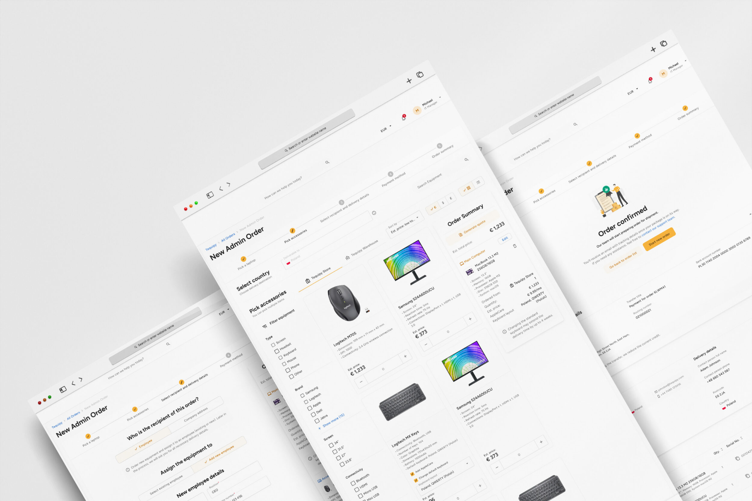 Tequipy equipment catalogue screens shown in perspective
