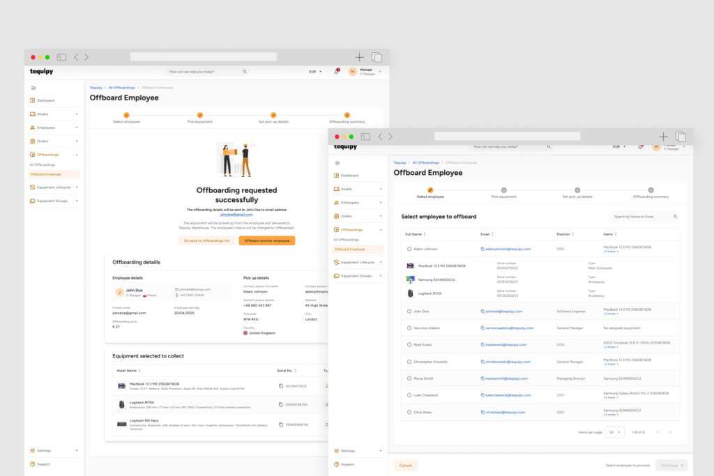 Tequipy employee onboarding and offboarding screens