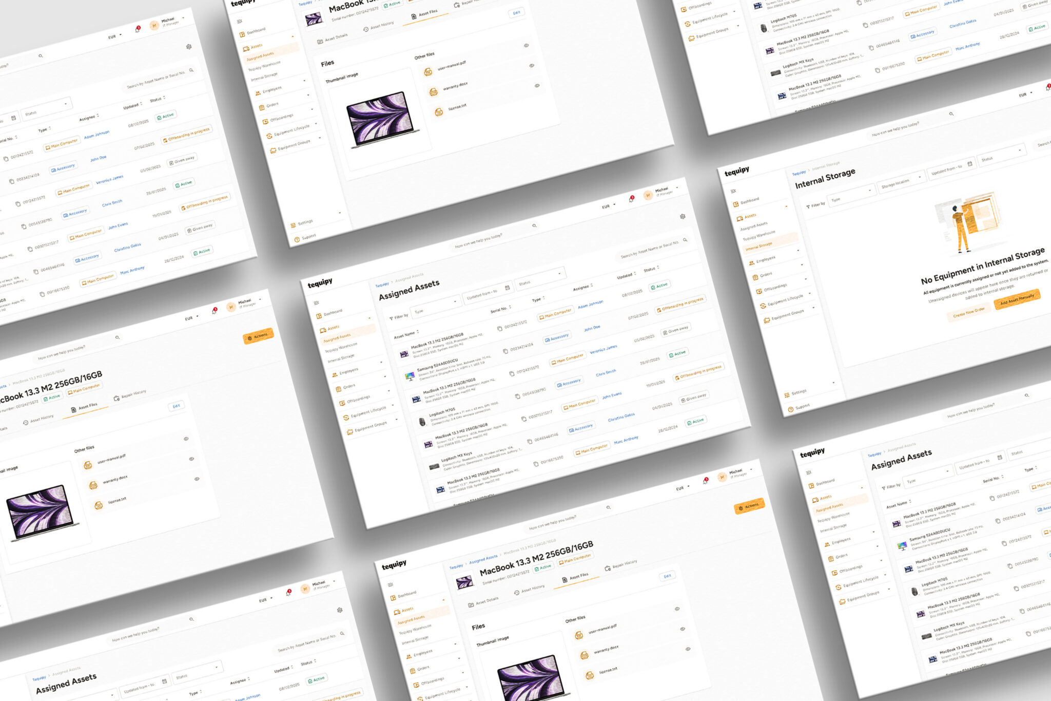 Tequipy app screens laid out in a tilted grid