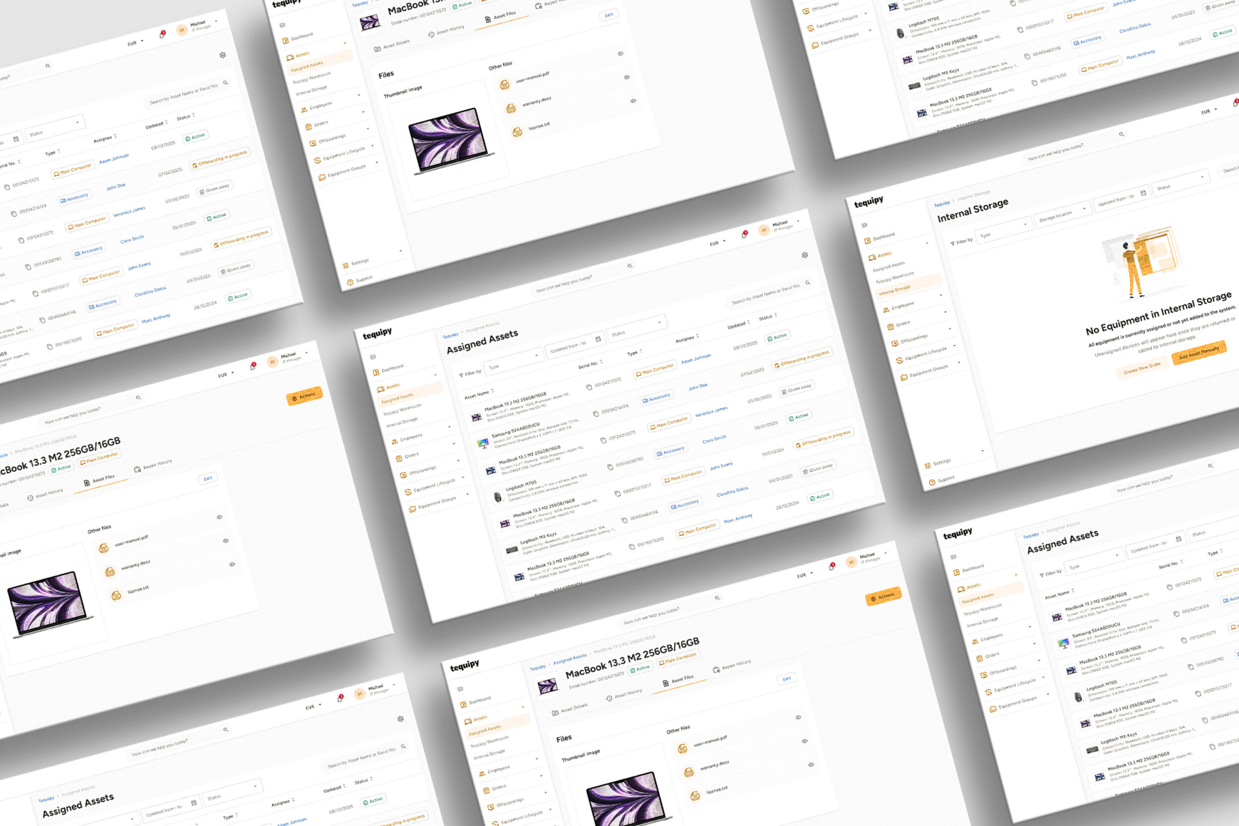 Tequipy app screens laid out in a tilted grid