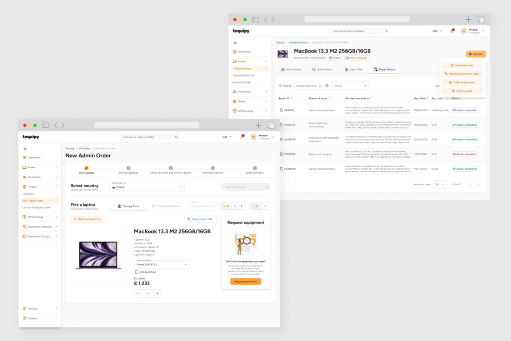Tequipy order screens with a laptop product page