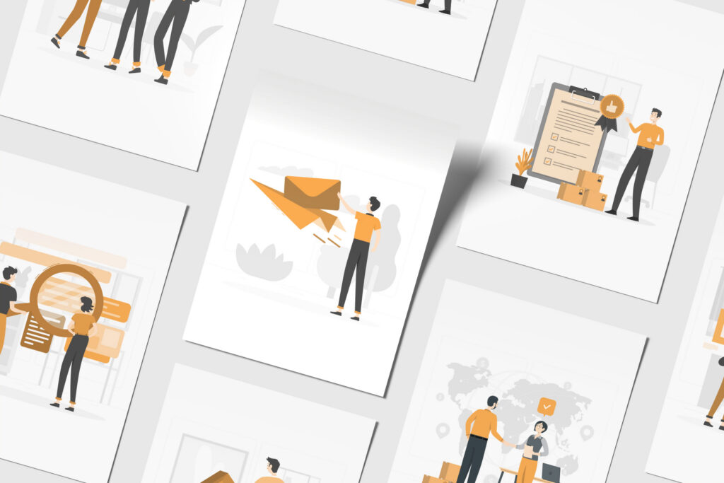 Tequipy illustrations of people handling IT equipment and parcels