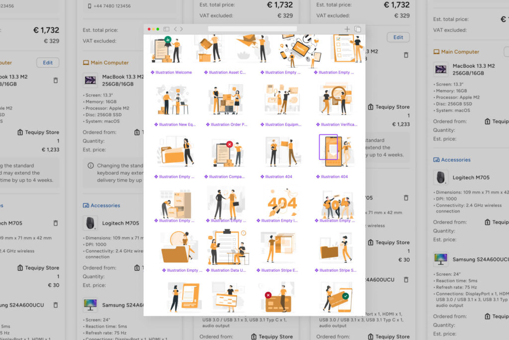 Tequipy equipment catalogue screens with a sheet of spot illustrations on top
