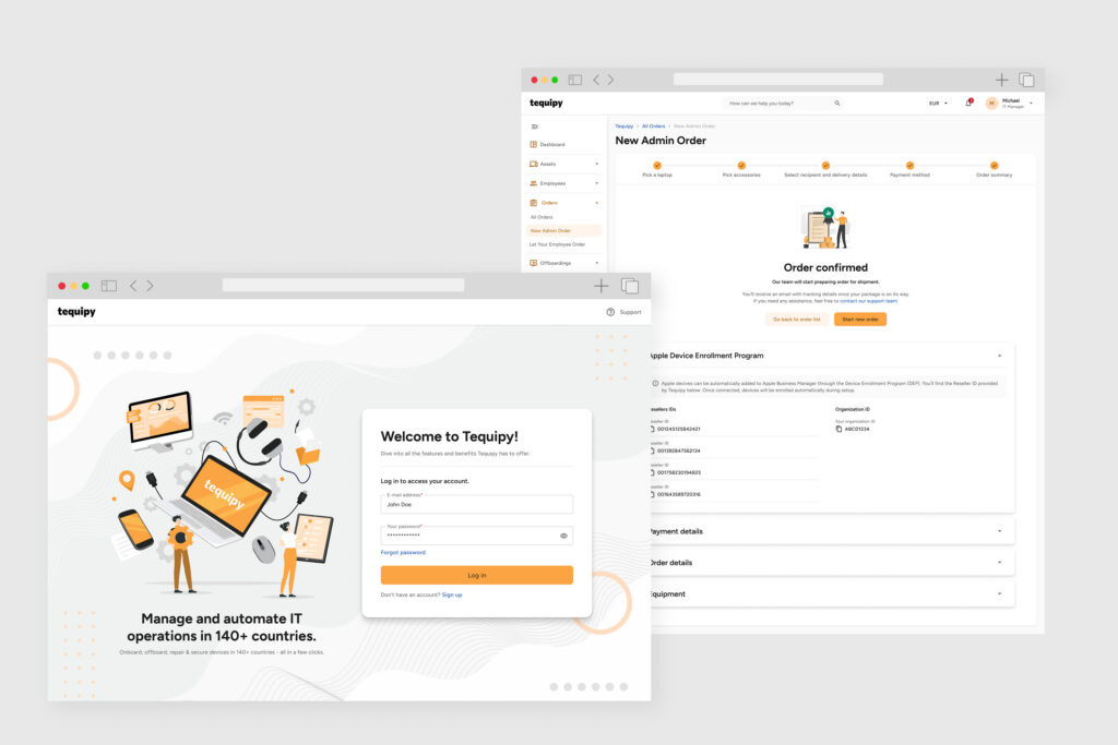 Tequipy login screen with an illustration, next to the order confirmation screen
