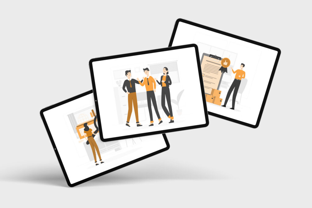 Three Tequipy illustrations of a team and its equipment