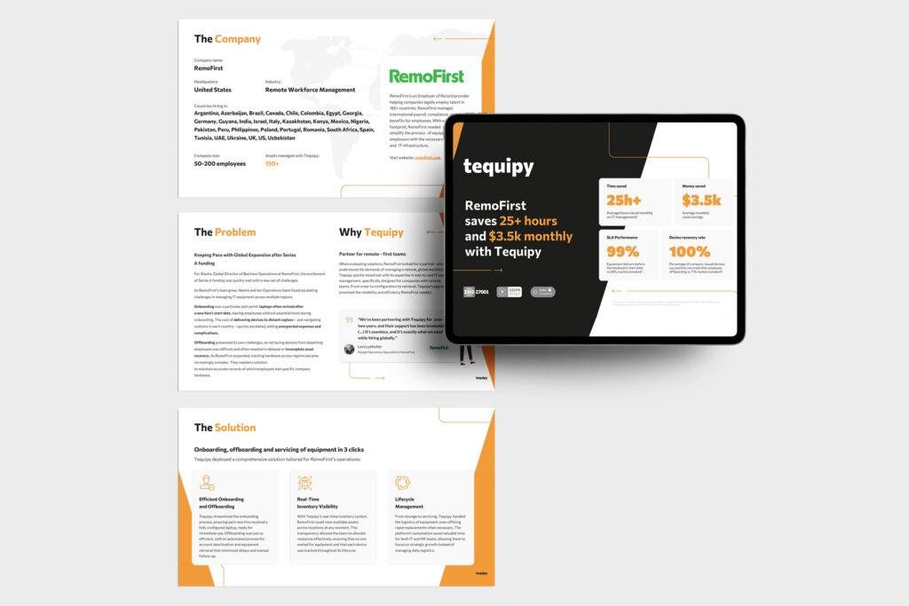 Tequipy case study pages with a dark summary card showing the client's savings